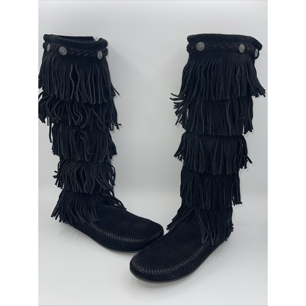 Minnetonka 5-Layer Fringe Calf High Moccasin Boots 7 Black Suede Festival Boho